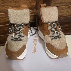 See By Chloe Women's Brown and Cream Fleece Sneakers